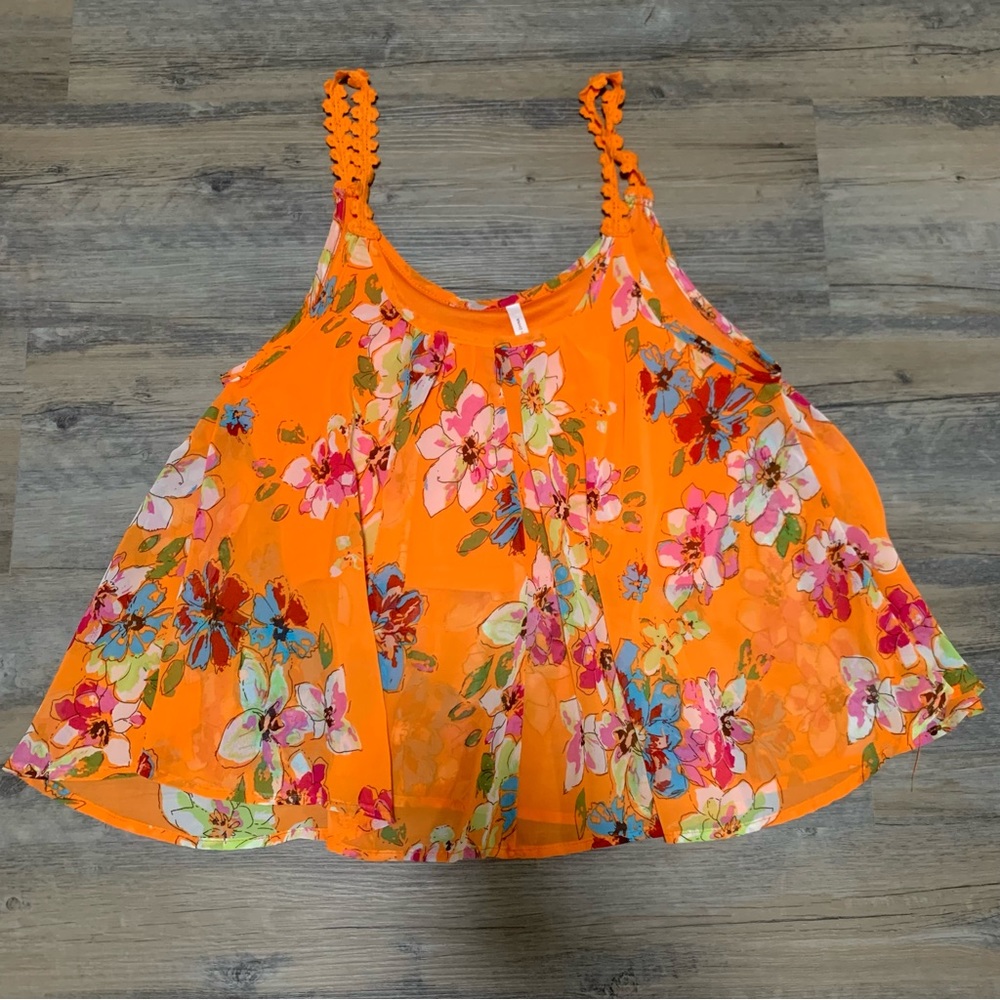 PPLA CLOTHING Sheer Floral Orange with Lace Detail Tank Top Double Layer